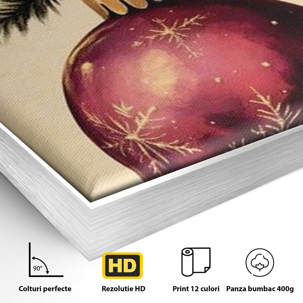 Detaliu al suprafetei: tablou canvas cu glob de craciun visiniu, in rama de aluminiu argintiu